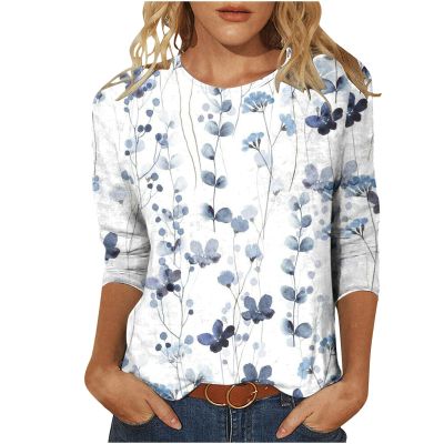 Blouses for Women Dressy Casual 3/4 Sleeve Printed Crewneck Tunic Shirts Loose Comfy Three Quarter Sleeve Blouses Casual Work Tops for Women Gray M