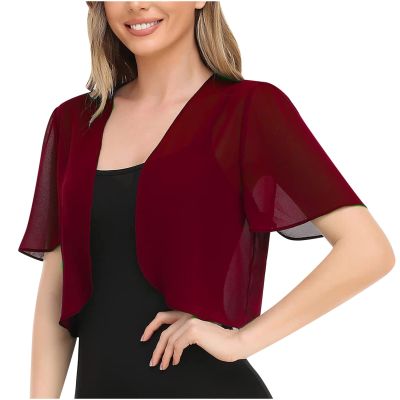 Women Shrug Soft Chiffon Cropped Bolero Open Front Puff Sheer Short Sleeve Short Jacket Cardigans For Evening Dress