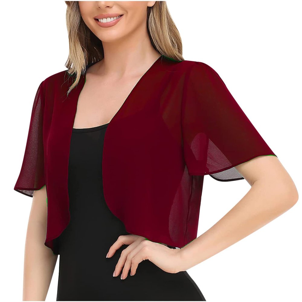 Women Shrug Soft Chiffon Cropped Bolero Open Front Puff Sheer Short Sleeve Short Jacket Cardigans For Evening Dress