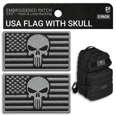 Bluyellow 2-Pack American Flag Patch with Skull Hook and Loop Embroidered Military Morale Tactical Patches for Backpack Bulletproof Vest Dog Harness Hat Sew on 3x2 Inches