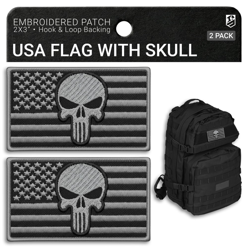 Bluyellow 2-Pack American Flag Patch with Skull Hook and Loop Embroidered Military Morale Tactical Patches for Backpack Bulletproof Vest Dog Harness Hat Sew on 3x2 Inches