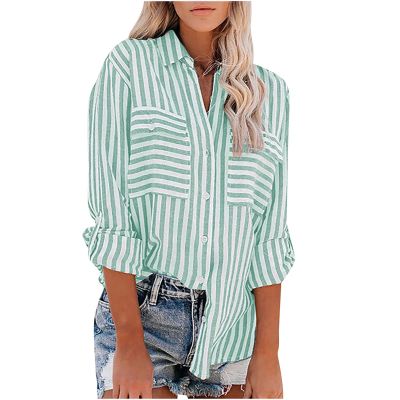 Women Striped Button Down Shirts Long Sleeve Dressy Casual Business Casual Work Tops Collared Front Pocket Blouses Womens Plus Size Blouses Green M