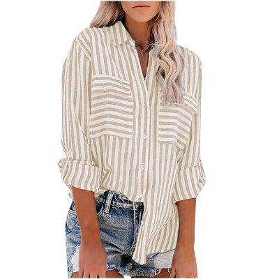 Women Striped Button Down Shirts Long Sleeve Dressy Casual Business Casual Work Tops Collared Front Pocket Blouses Tunic Tops for Women Khaki M