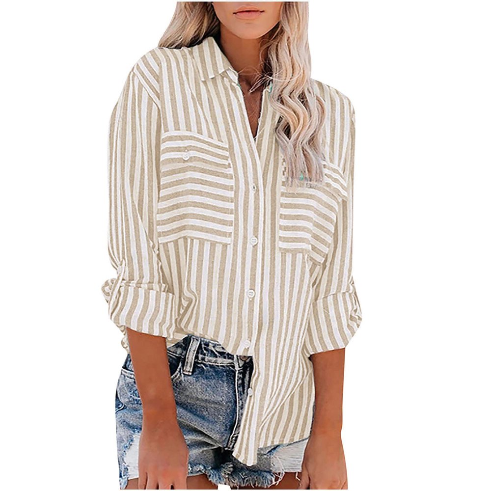 Women Striped Button Down Shirts Long Sleeve Dressy Casual Business Casual Work Tops Collared Front Pocket Blouses Tunic Tops for Women Khaki M
