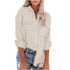 Women Striped Button Down Shirts Long Sleeve Dressy Casual Business Casual Work Tops Collared Front Pocket Blouses Tunic Tops for Women Khaki M view 1
