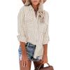 Women Striped Button Down Shirts Long Sleeve Dressy Casual Business Casual Work Tops Collared Front Pocket Blouses Tunic Tops for Women Khaki M view 2