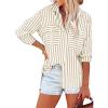 Women Striped Button Down Shirts Long Sleeve Dressy Casual Business Casual Work Tops Collared Front Pocket Blouses Tunic Tops for Women Khaki M view 3