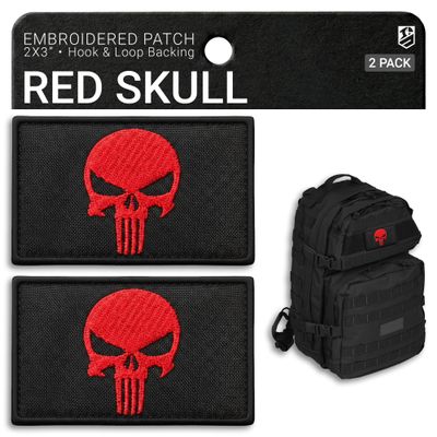 Bluyellow 2-Piece Red Skull Patch Set, Embroidered Military Tactical Patches for Hat, Tactical Backpack, Dog Vest, Military Gear, Hook and Loop Flag Patch, Sew on Option, 3x2 Inches