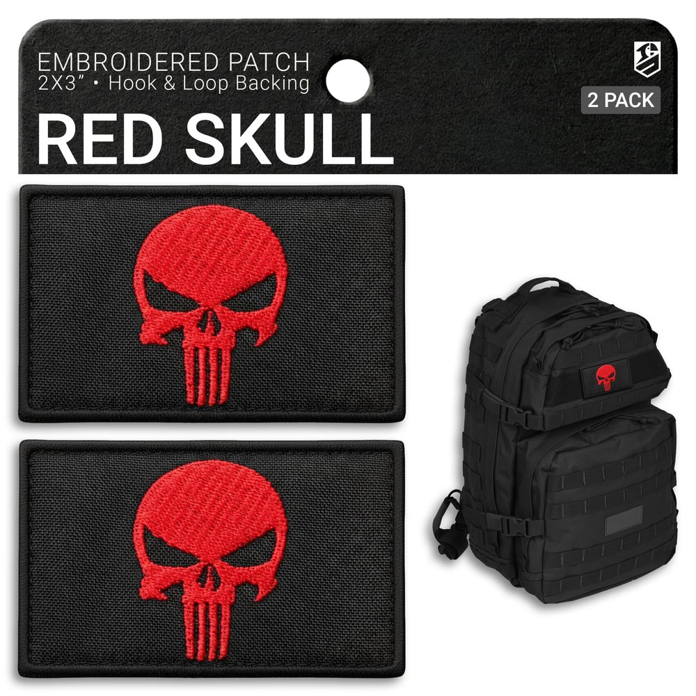 Bluyellow 2-Piece Red Skull Patch Set, Embroidered Military Tactical Patches for Hat, Tactical Backpack, Dog Vest, Military Gear, Hook and Loop Flag Patch, Sew on Option, 3x2 Inches
