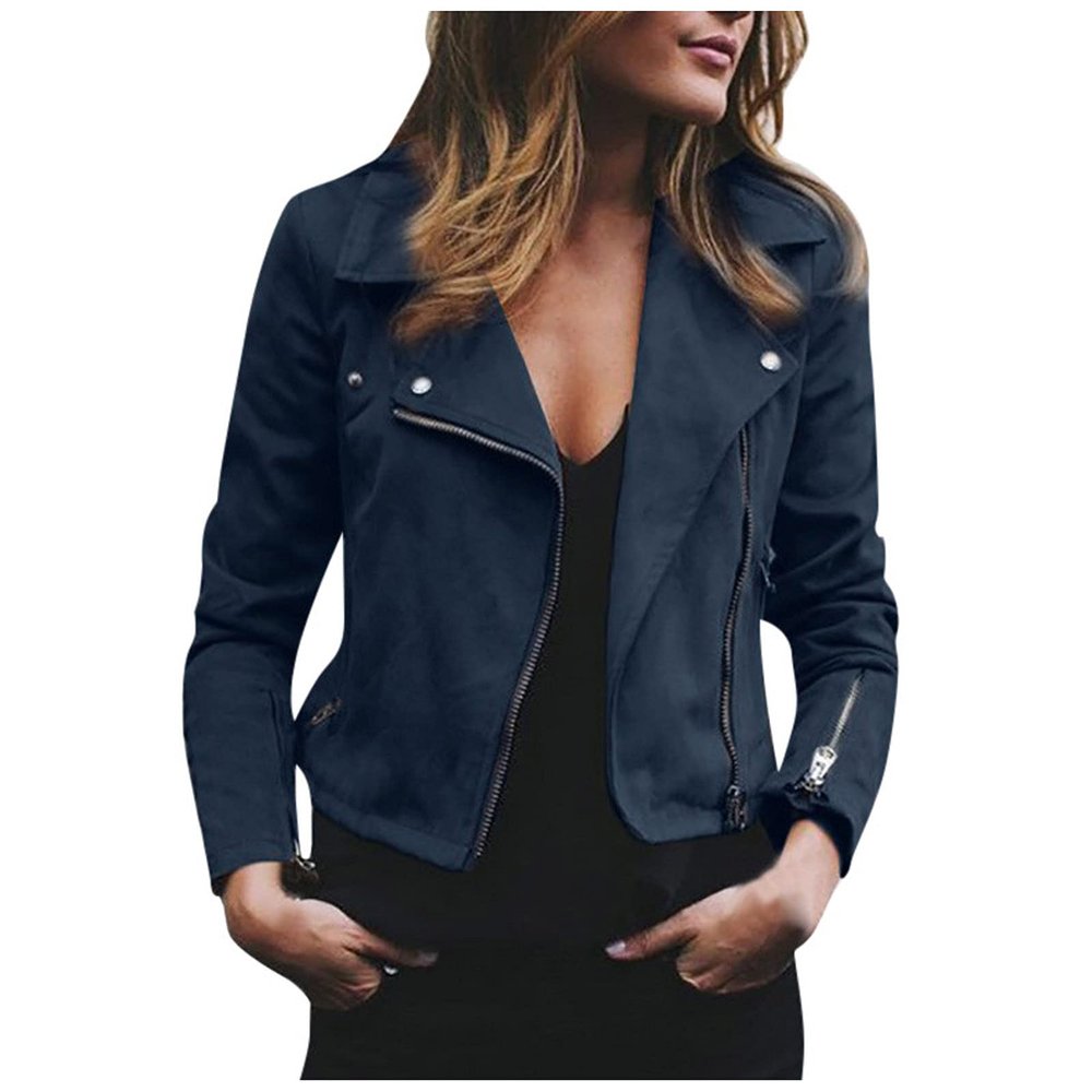 Women Fall Faux Suede Motorcycle Jacket Trendy Short Casual Moto Biker Coats Open Front Cardigan Cropped Outwear 2023