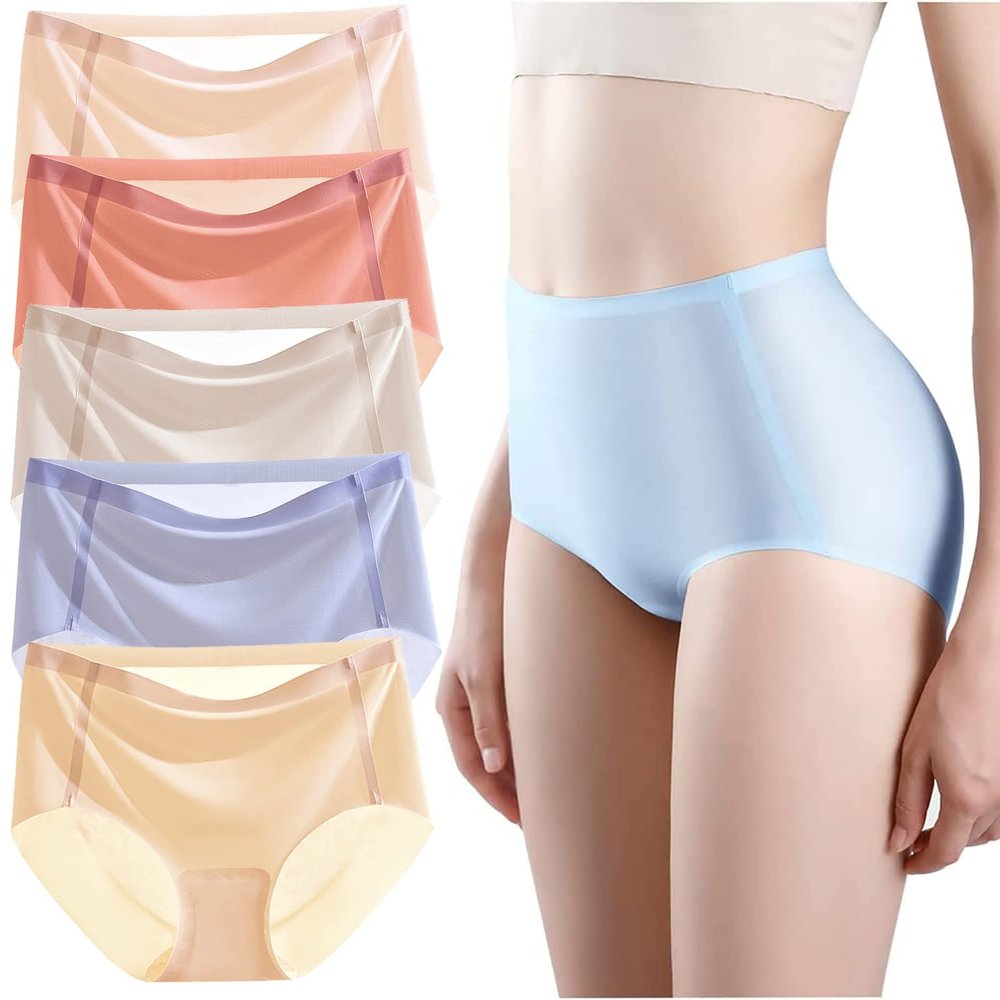 BDROX 5PCS Ultra-Thin Non-Marking Ice Silk Underwear, Womens Seamless Ice Silk Mid Waisted Breathable Soft Stretchy Panties (5PCS-F,Medium)