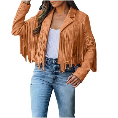 Women Suede Fringe Jacket Long Sleeve Slim Faux Leather Motorcycle Jacket Boyfriend Tassel Cropped Lapel Collar Coats