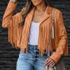Women Suede Fringe Jacket Long Sleeve Slim Faux Leather Motorcycle Jacket Boyfriend Tassel Cropped Lapel Collar Coats view 2
