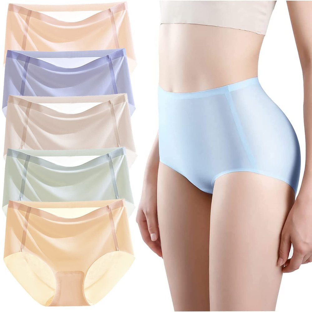 BDROX 5PCS Ultra-Thin Non-Marking Ice Silk Underwear, Womens Seamless Ice Silk Mid Waisted Breathable Soft Stretchy Panties (5PCS-C,Large)
