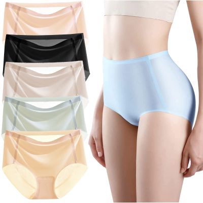BDROX 5PCS Ultra-Thin Non-Marking Ice Silk Underwear, Womens Seamless Ice Silk Mid Waisted Breathable Soft Stretchy Panties (5PCS-A,Large)