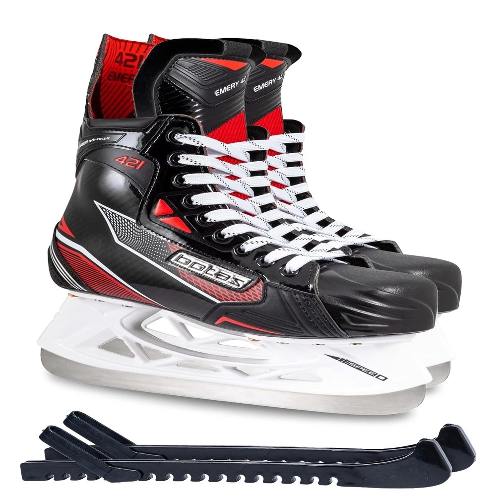 Botas - Emery - Men's Ice Hockey Skates | Made in Europe (Czech Republic) | Color: Black/Red, Size Adult 7 Bundle with Skate Guards