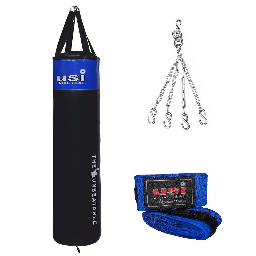 USI UNIVERSAL Boxing Kit for Adults, Boxing Set with 626N 180cm/6 Feet Unfilled Punching Bag, 626SW4 Metal Hanging Chain with 4 Legs & 628A 2.75m Long 1 Pair Boxing Hand Wraps (Black/Blue)
