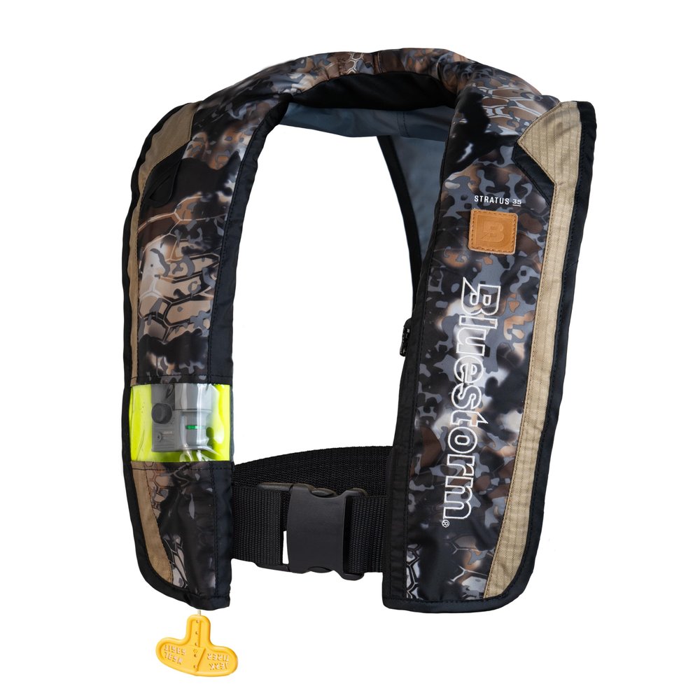 BLUESTORM x Kryptek Stratus 35 Inflatable Life Jacket PFD for Adults (Obskura Syfall Tan Camo) | US Coast Guard (USCG) Approved Automatic Self Inflating Life Vest Preserver with Manual Ripcord
