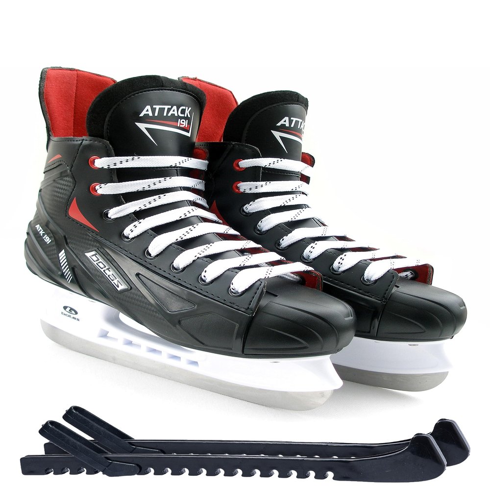 Botas - Attack 191 - Men's Ice Hockey Skates | Made in Europe (Czech Republic) | Color: Black/Red/White, Men's 6 Bundle with Skate Guards