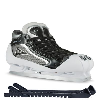 Botas - Goalie PRO - Men's Ice Hockey Skates | Made in Europe (Czech Republic) | Color: Black with White, Size Adult 8 Bundle with Skate Guards