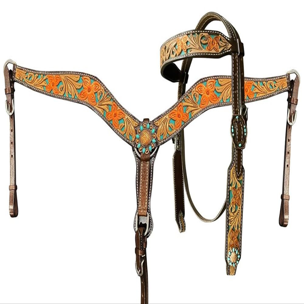 Western Headstall Breast Collar Reins Set Leather Hand Carved Tooled Equestrian Trail Horse Saddle Tack Set Full Cob Pony ST-HTS-049 (Cob)