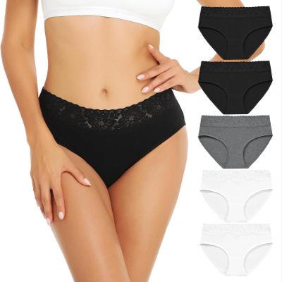 RHYFF Womens Underwear Cotton Hipster Panties Lace Soft Bikini Panty Ladies Stretch Full Briefs 5 Pack S-XL(R6004L-BlackWhite)