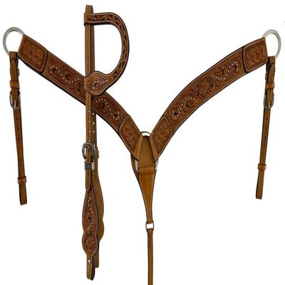 Western Headstall Breast Collar Reins Set Leather Hand Carved Tooled Equestrian Trail Horse Saddle Tack Set Full Cob Pony ST-HTS-047 (Full)