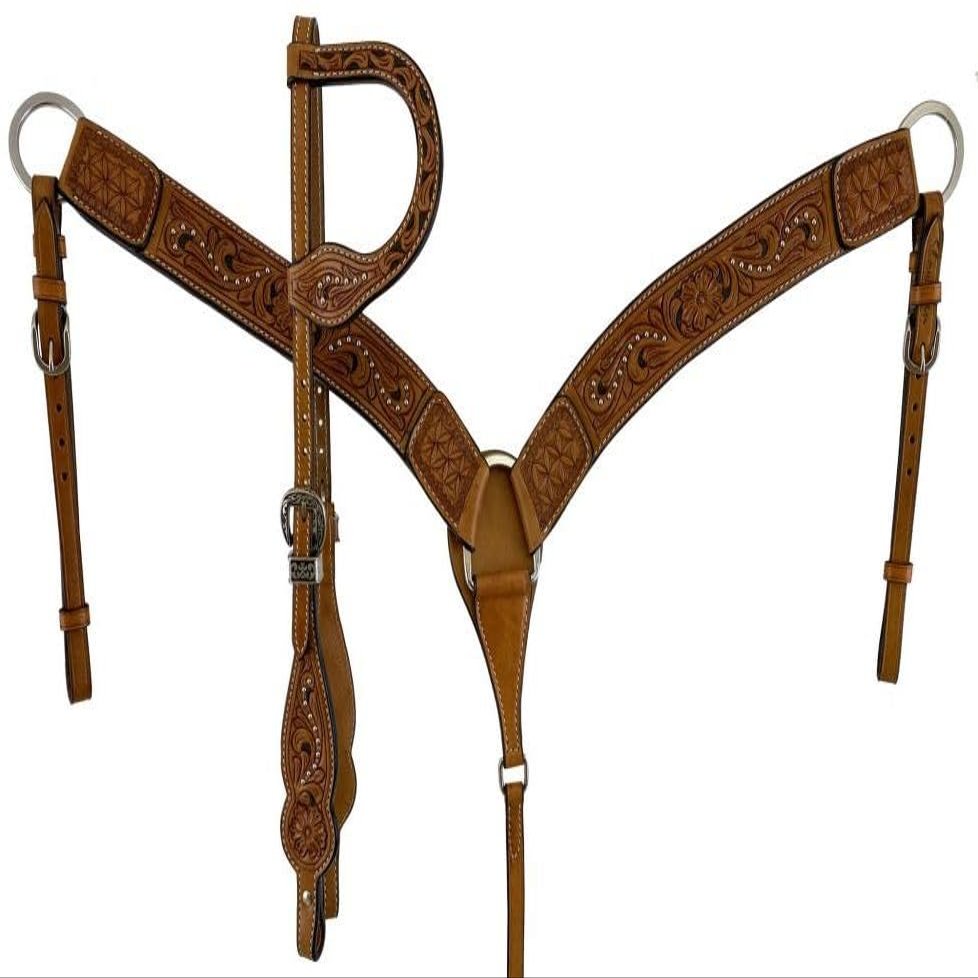 Western Headstall Breast Collar Reins Set Leather Hand Carved Tooled Equestrian Trail Horse Saddle Tack Set Full Cob Pony ST-HTS-047 (Full)