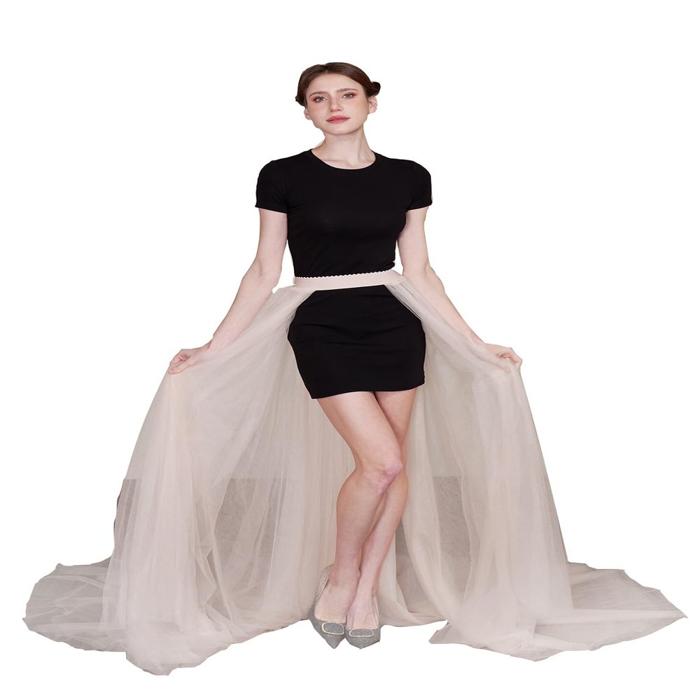 EllieWely Overskirt Short Front Long Back Party Tutu Tulle Skirt Champagne XL XXL