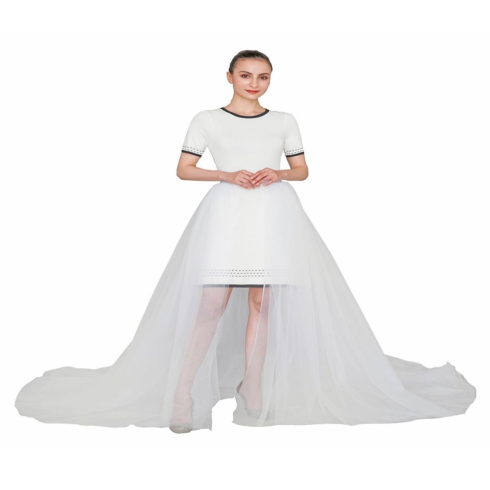 EllieWely Overskirt Short Front Long Back Party Tutu Tulle Skirt Ivory S M