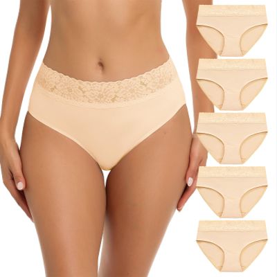 RHYFF Womens Underwear Cotton Hipster Panties Lace Soft Bikini Panty Ladies Stretch Full Briefs 5 Pack S-XL(R6004M-Skin)