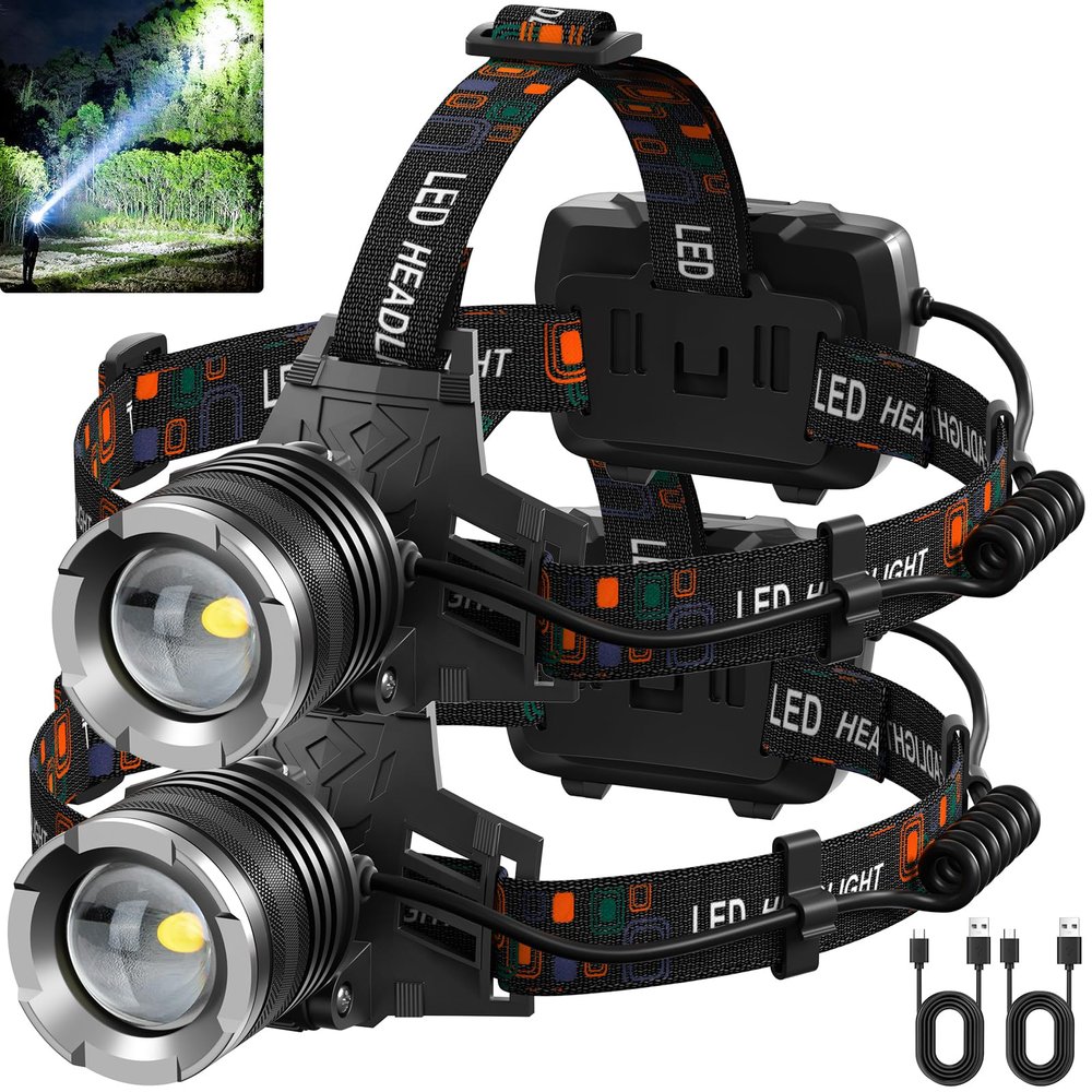 NJ FOREVER LED Rechargeable Headlamp, 3000 Lumens Super Bright Head Lamp with 5 Modes, 90Adjustable, USB Rechargeable, Waterproof LED Headlamps for Adults Camping, Hiking, Climbing (2 Pack)