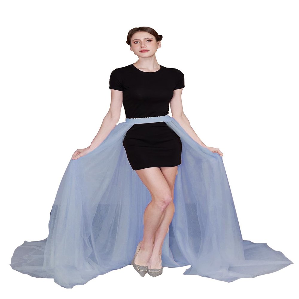 EllieWely Overskirt Short Front Long Back Party Tutu Tulle Skirt Dusty Blue S M