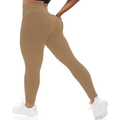 VOOVEEYA Curvy Womens Leggings, High Waisted Yoga Pants with Back Pockets, Tummy Control - Buttery Soft - Stretchy(Solid Khaki 2XL)