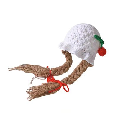 Baby Girls Bucket Hat,Baby Knitting Patterns,Braided Baby Wig Woolen Yarn Knitted Hat, Casual Cap Photo Prop Gift,White Cherry Cap