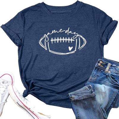Game Day Football T Shirts Women Football Mom Tee Tops Funny Sunday Casual Short Sleeve Tee Shirts