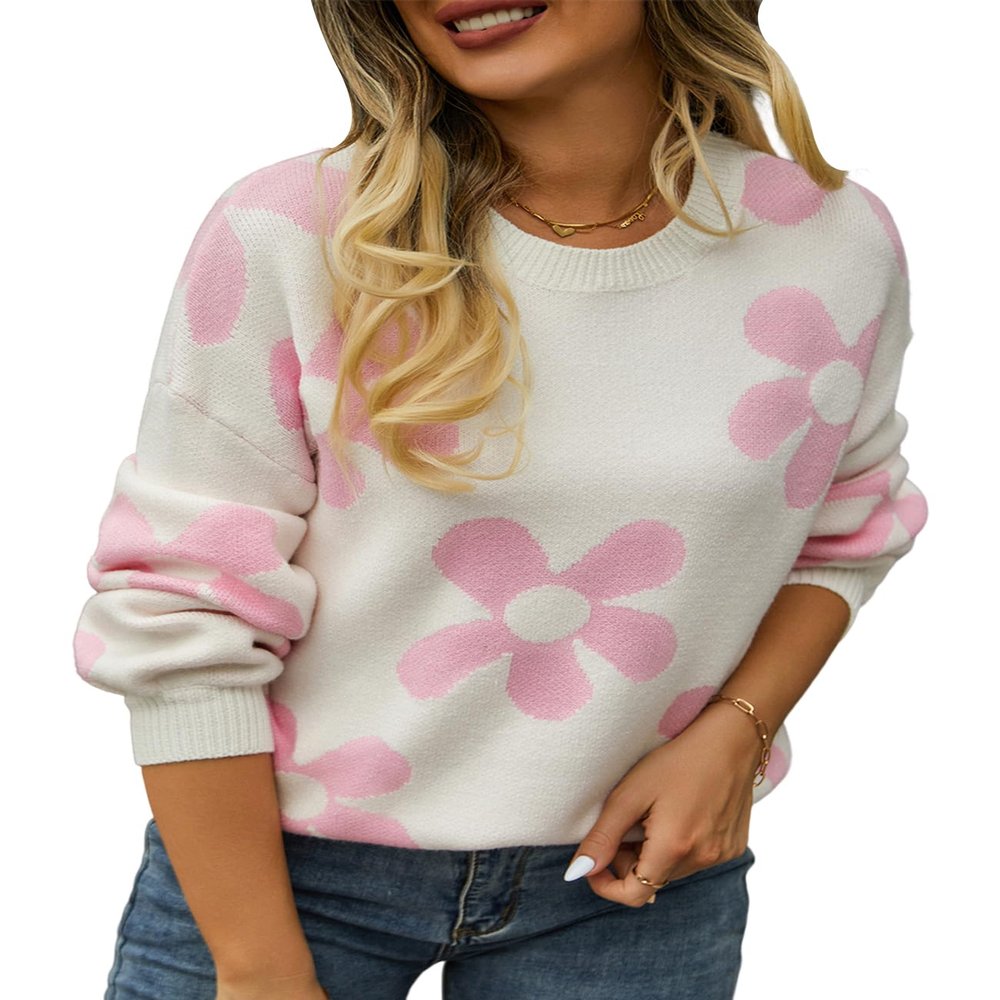 Yimoon Women's Cute Flower Sweater Oversized Crewneck Cable Knit Pullover Top Long Sleeve Aesthetic Sweater(Beige-L)