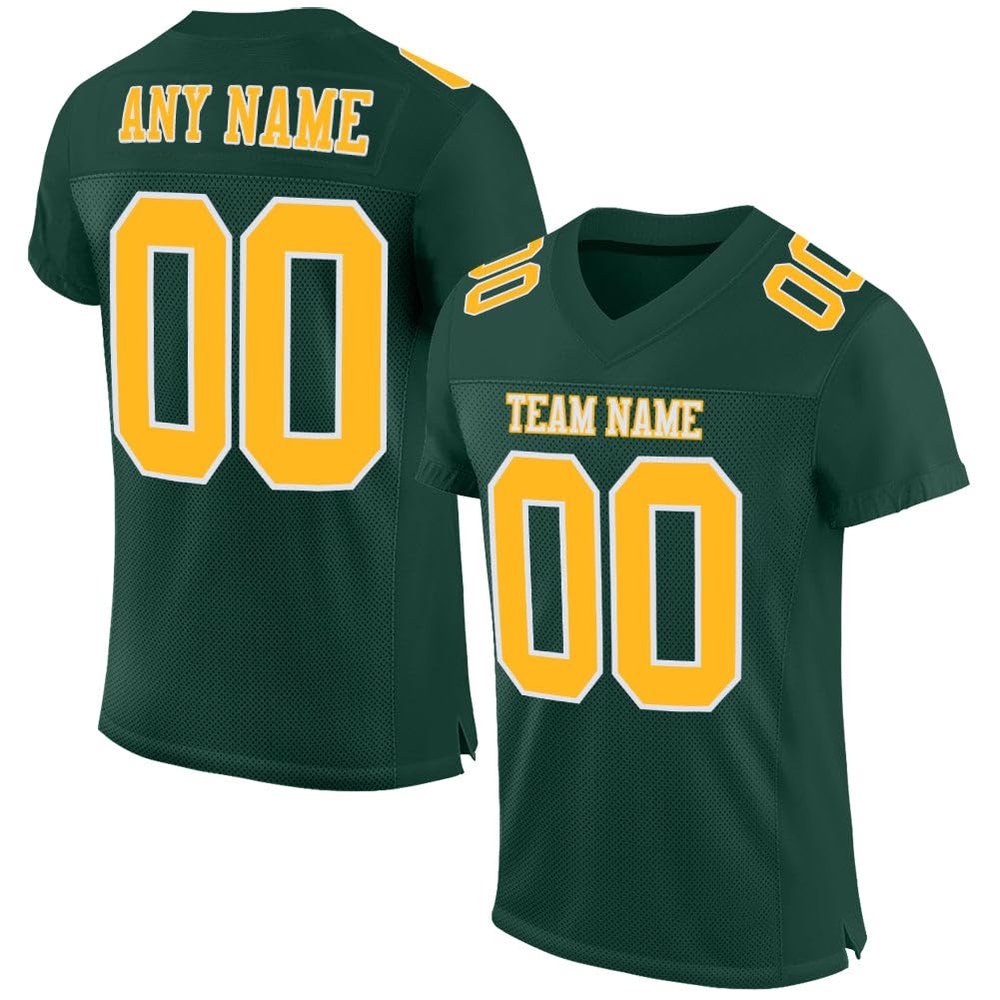 Custom Practice Football Jersey Uniform, Dark Green and Gold White, Personalize Stitched Printed Name and Number, Fans Gift for Men Women Youth