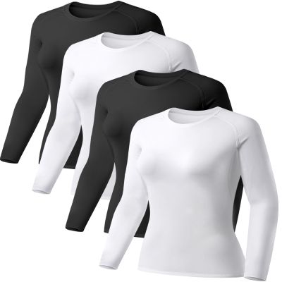 TELALEO 4 Pack Women's Compression Shirt Long Sleeve Performance Workout Baselayer Athletic Top Sports Gear-Black/Black/White/White Medium