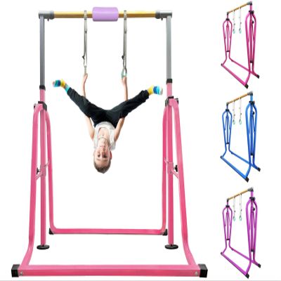 kechery Foldable & Moveable Gymnastics Horizontal Bar with Rings,3to 5Adjustable Height Expandable Junior Kip Bar for Home,Indoor Gym Equipment for Kids (Foldable Light Pink with Rings)