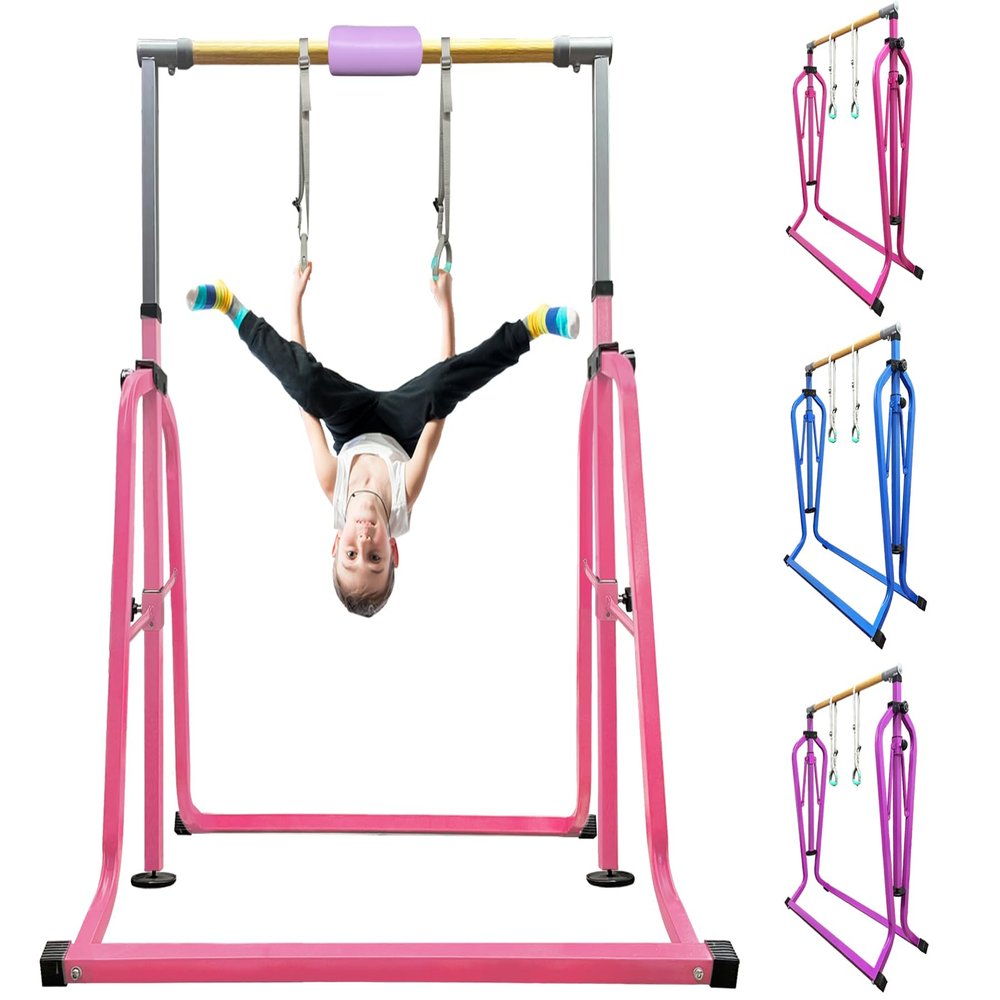 kechery Foldable & Moveable Gymnastics Horizontal Bar with Rings,3to 5Adjustable Height Expandable Junior Kip Bar for Home,Indoor Gym Equipment for Kids (Foldable Light Pink with Rings)