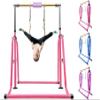 kechery Foldable & Moveable Gymnastics Horizontal Bar with Rings,3to 5Adjustable Height Expandable Junior Kip Bar for Home,Indoor Gym Equipment for Kids (Foldable Light Pink with Rings)