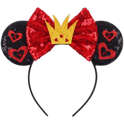 Generic Mouse Ears Headbands for Women Girls & Kids, Sequin Bows & Glitter Park Ears Princess Decorations for Birthday Party Cosplay Costume (Red Heart & Gold Crown)