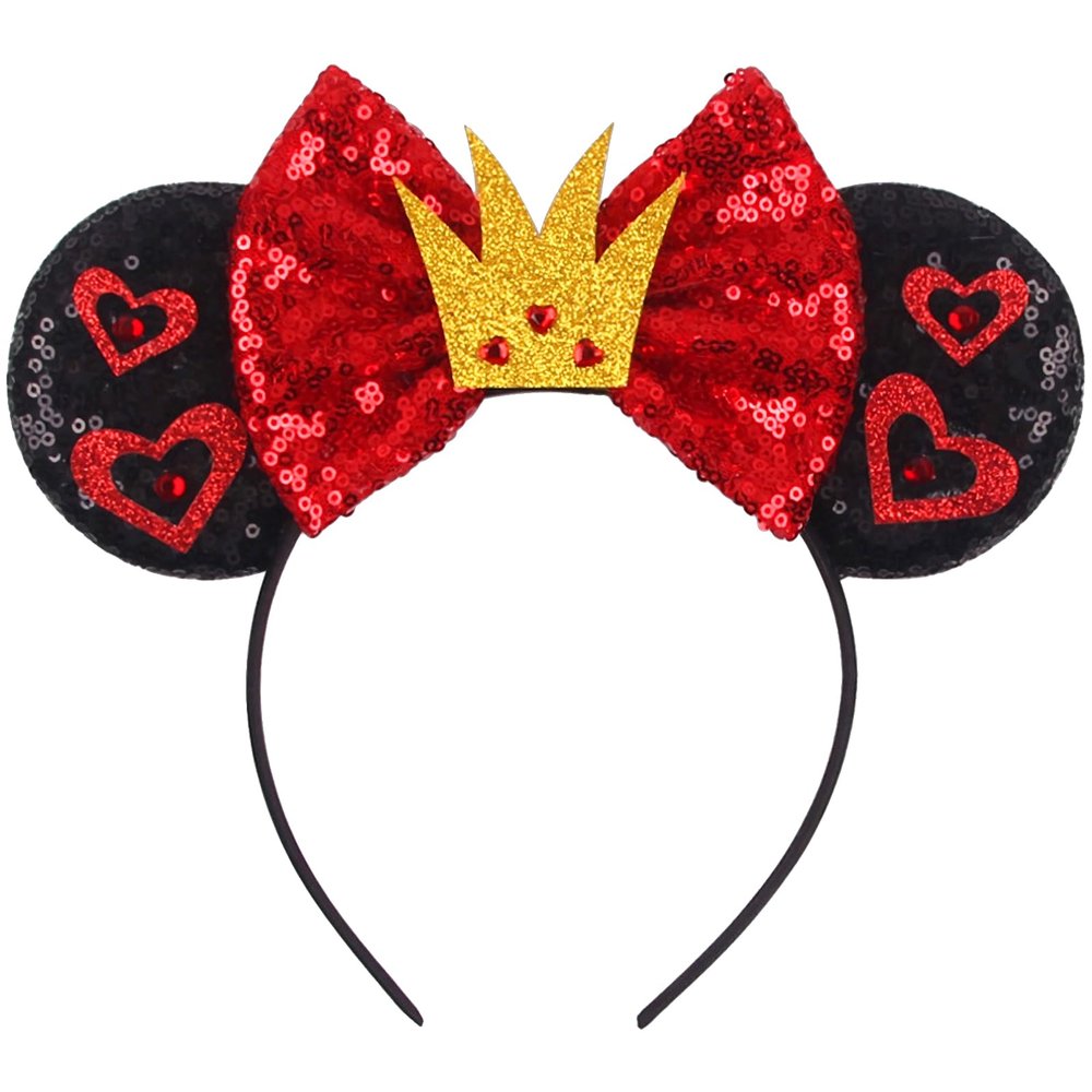 Generic Mouse Ears Headbands for Women Girls & Kids, Sequin Bows & Glitter Park Ears Princess Decorations for Birthday Party Cosplay Costume (Red Heart & Gold Crown)