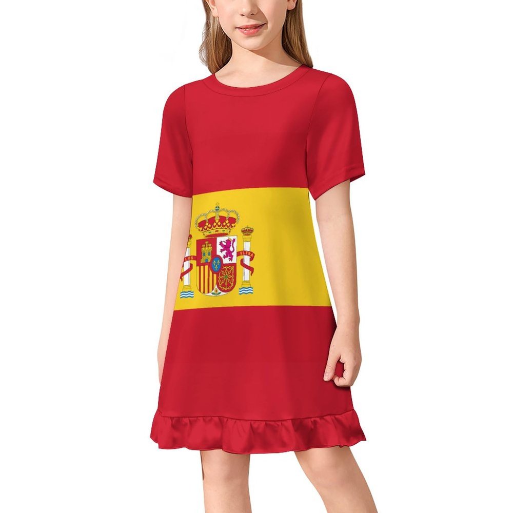 Flag of Spain Girl's Dress Summer Crew Neck Children's T-Shirt Tops Casual Wear 130CM