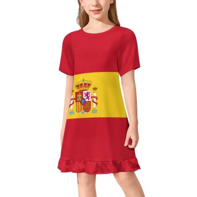 Flag of Spain Girl's Dress Summer Crew Neck Children's T-Shirt Tops Casual Wear 140CM