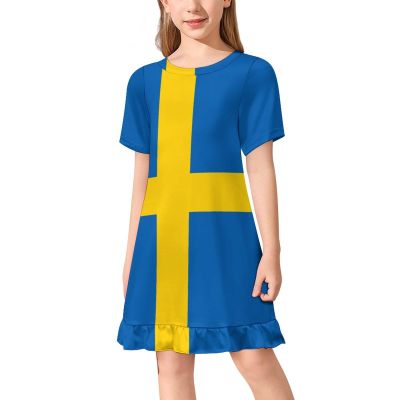 Flag of Sweden Girl's Dress Summer Crew Neck Children's T-Shirt Tops Casual Wear 120CM
