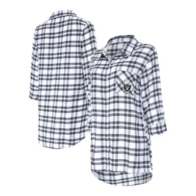 Concepts Sport Women's Charcoal Las Vegas Raiders Sienna Plaid Full-Button Long Sleeve Nightshirt