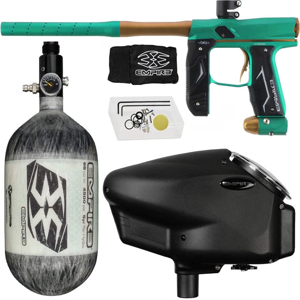 PaintballBodyBags Empire Axe 2.0 Competition Paintball Gun Package Kit w/Air Tank and Halo Too Loader (Halo Loader Grey, Axe Dust Teal/Dust Bronze)