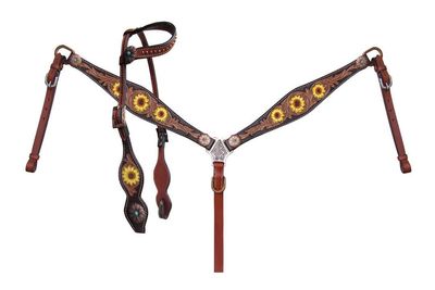Western Headstall Breast Collar Reins Set Leather Hand Carved Tooled Equestrian Trail Horse Saddle Tack Set Full Cob Pony ST-HTS-051 (Cob)